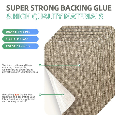 Self Adhesive Coarse Linen Fabric Repair Patches For Couch And Clothing Tear Restoration No Sweat DIY Home Wardrobe Essential Heavy Duty Upholstery Cover Kit Khaki Six Pack Set displayed with detailed adhesive backing and texture.
