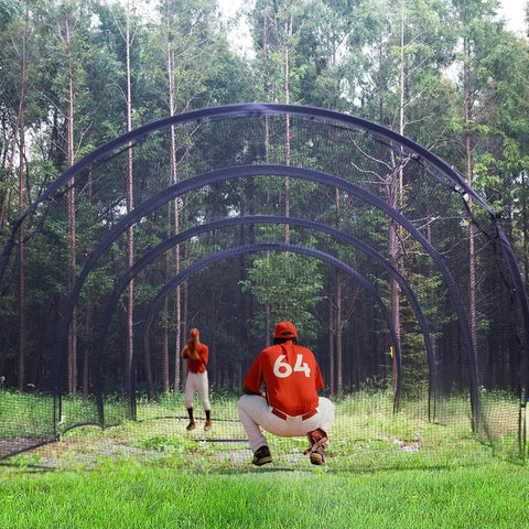 Baseball players practicing in 30 Ft Baseball Batting Cage With Frame For Backyard Training 30 Ft Long 13 Ft Wide 9 Ft High Net