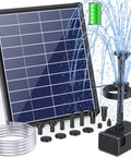 Solar Fountain Pump For Bird Bath With Built In 6W Solar Panel And 3000mAh Battery Backup shown with nozzles and tubing components