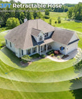 Aerial view of a house with Retractable Garden Hose Reel Wall Mount With Five Eighth Inch 90 Ft Hose Auto Rewind around yard