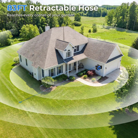 Aerial view of a house with Retractable Garden Hose Reel Wall Mount With Five Eighth Inch 90 Ft Hose Auto Rewind around yard