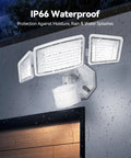 Three Head Outdoor Motion Sensor Flood Light With Remote, 7500 Lumens, 150 LED Beads, IP66 Waterproof, mounted on wall