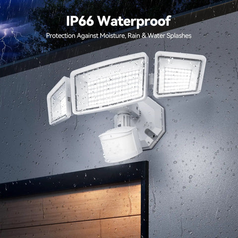 Three Head Outdoor Motion Sensor Flood Light With Remote, 7500 Lumens, 150 LED Beads, IP66 Waterproof, mounted on wall