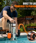 Heavy Duty Submersible Sump Pump With Automatic Float Switch Powers Through Heavy Water Jobs At Six Thousand Gallons Per Hour To Suck Up Basement Floods Pool Overflow And Pond Drainage Fast Built Like A Tank, stainless steel construction.
