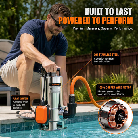 Heavy Duty Submersible Sump Pump With Automatic Float Switch Powers Through Heavy Water Jobs At Six Thousand Gallons Per Hour To Suck Up Basement Floods Pool Overflow And Pond Drainage Fast Built Like A Tank, stainless steel construction.