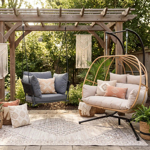 Outdoor setting with Double Egg Chair Outdoor With Stand For Two People Cushions And Headrest 80 Inch Hanging Swing Chair in brown.
