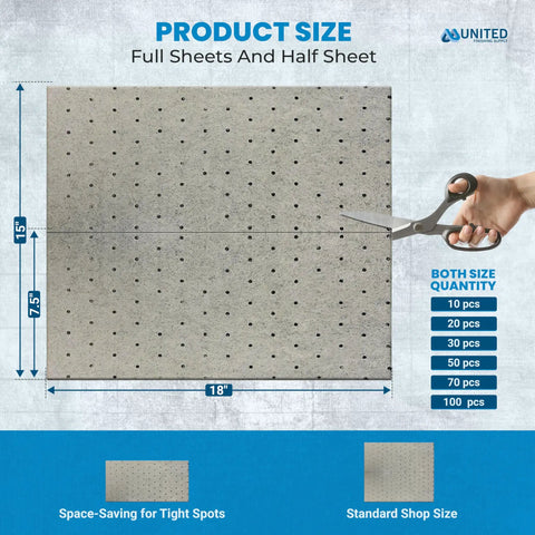 Heavy Duty Oil Absorbent Pads Suck Up Grease And Fuel Like A Champ, showing full and half sheet sizes for easy automotive cleanup.