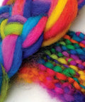 Jacquard acid-dye yarn fibers in neon rainbow colors; close-up braided skeins in blue, pink, yellow, green.