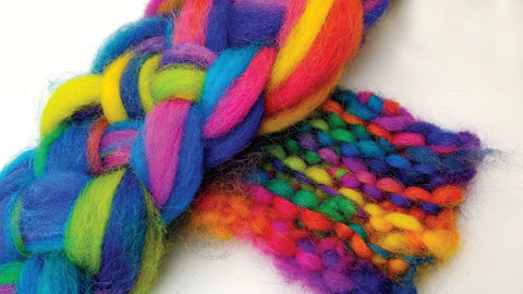Jacquard acid-dye yarn fibers in neon rainbow colors; close-up braided skeins in blue, pink, yellow, green.