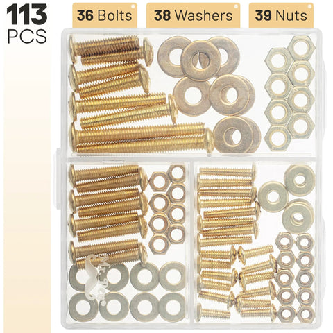 Heavy Duty Galvanized Iron Bolts And Nuts Assortment Kit With Washers 113 Piece Hardware Set, showing 36 bolts, 39 nuts, and 38 washers.