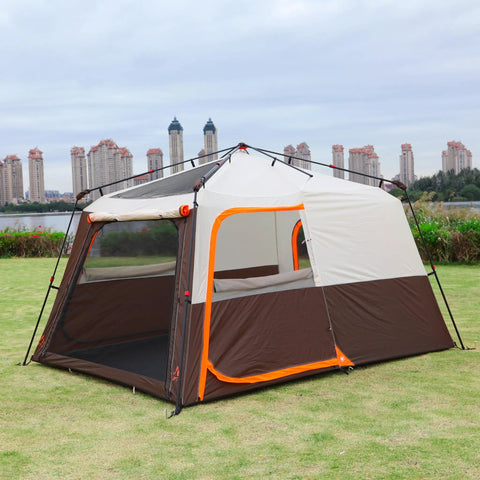 Large Family Tent For 6-8 People With Instant Setup In 60 Seconds, Spacious Two Rooms, Three Doors, Brown, erected outdoors