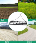 Beefy Heavy Duty 4 Ft Driveway Grader Power Rake With 4 Ft Chain shown over soil, lawn, sand, and gravel surfaces