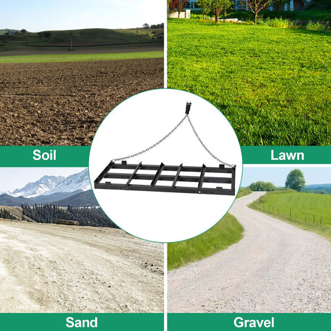 Beefy Heavy Duty 4 Ft Driveway Grader Power Rake With 4 Ft Chain shown over soil, lawn, sand, and gravel surfaces