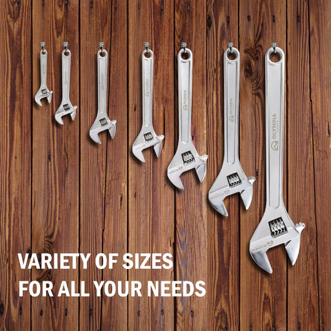 Heavy Duty 15 Inch Adjustable Wrench Built Tough With Drop Forged Steel, Chrome Plated Finish, array of different sizes on wood.