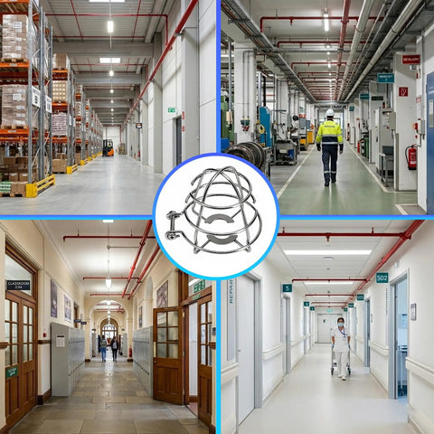 2 Pack Heavy Duty Fire Sprinkler Head Guard Cage For Standard 1/2 And 3/4 Inch NPT Upright Or Pendant Heads featuring a shield in a warehouse.
