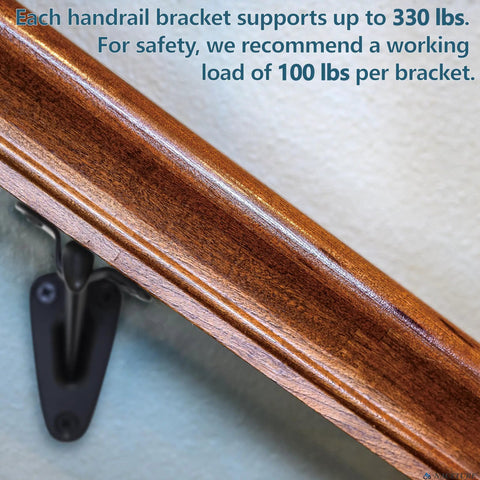 Heavy Duty Black Hand Rail Brackets Six Piece Set For Indoor Stairs And Outdoor Use durable three inch banister support hardware mounted on wall.