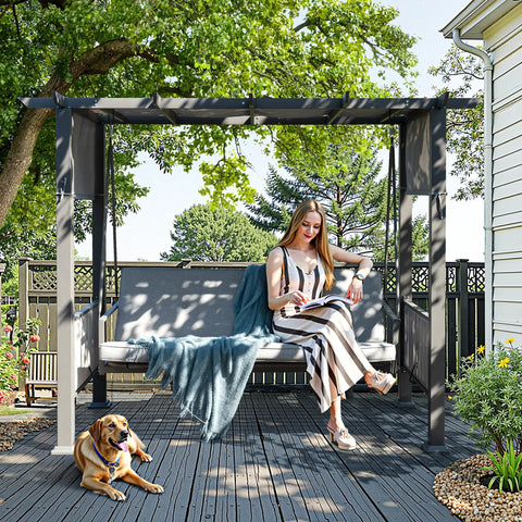 2 In 1 Convertible Porch Swing Bed For Three With Wicker Armrests And Adjustable Canopy, woman reading book on swing