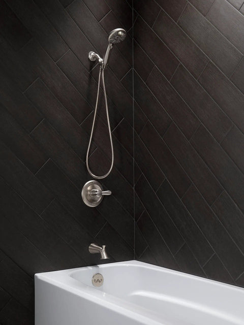 Bathroom setup with Stainless Lahara Pull-Up Diverter Tub Spout Replacement Part RP51303SS 0.5 Inch for tub faucets.