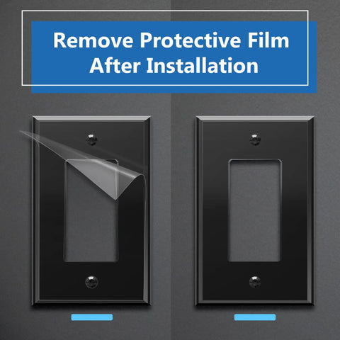 Reflective Mirror Glass Light Switch Cover showing protective film removal for Oversized 3-Gang Plexiglass Wall Plate in Silver Finish.
