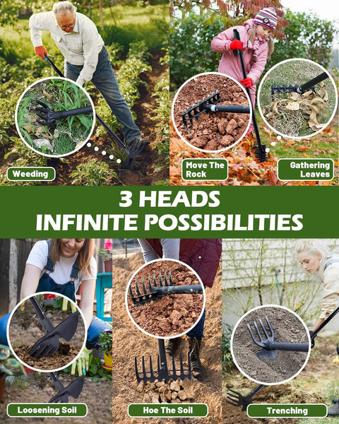 6 images showing 5 In 1 Garden Hoe With Adjustable 37 To 50 Inch Handle And Snap On Heads For Weeding Cultivating Tilling Raking Outdoor