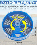 Image of Ultimate Fishing Nail Weights Kit with 70 pieces in a rotating blue container for Wacky Rig, Neko Rig, and Texas Rigs.