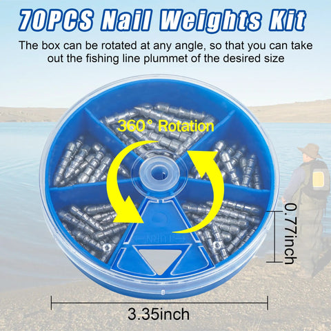 Image of Ultimate Fishing Nail Weights Kit with 70 pieces in a rotating blue container for Wacky Rig, Neko Rig, and Texas Rigs.