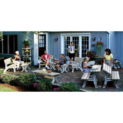 People enjoying outdoor space with customizable outdoor chair and bench ends brackets for any size seating weatherproof heavy duty resin