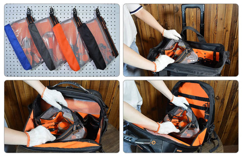 Clear Tool Pouch Set With Zipper, 13 Inch Pouches displayed on pegboard and in use for quick access to small hand tools in bag