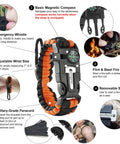 Two Pack Paracord Survival Bracelet Set With Flint Fire Starter Loud Whistle Compass Mini Saw Waterproof Paracord Five In One Gear Adjustable Seven To Nine And A Half Inch Wristbands For Camping Bushcraft And Emergency Prep Black And Orange components with labels