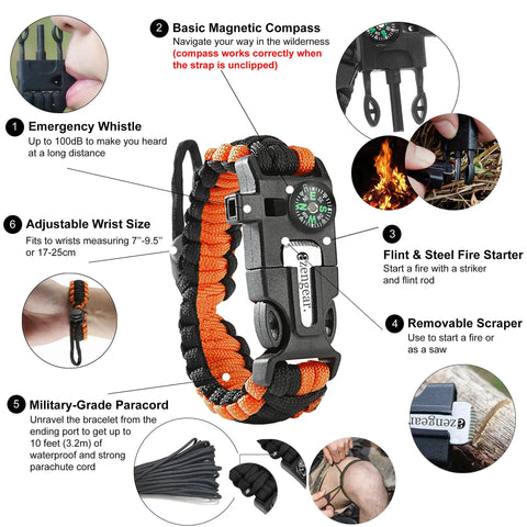 Two Pack Paracord Survival Bracelet Set With Flint Fire Starter Loud Whistle Compass Mini Saw Waterproof Paracord Five In One Gear Adjustable Seven To Nine And A Half Inch Wristbands For Camping Bushcraft And Emergency Prep Black And Orange components with labels