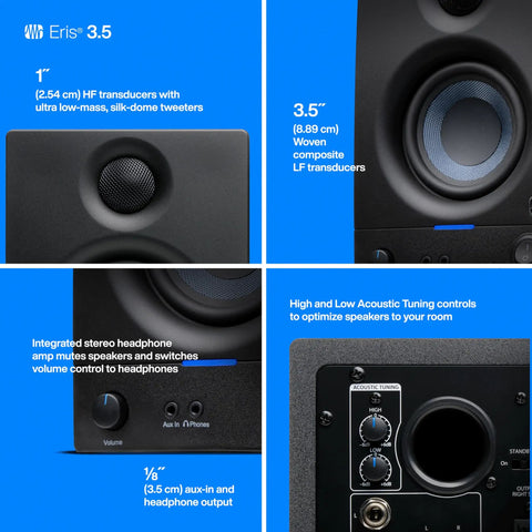 Eris 3.5 Studio Monitors Pair For Near Field Mixing And HiFi Desktop Listening, close-up of speaker features and inputs.