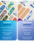 KeepGoing 86-piece First Aid Kit Refill: colorful kid-bandages with stickers on left; beige standard bandages on right.