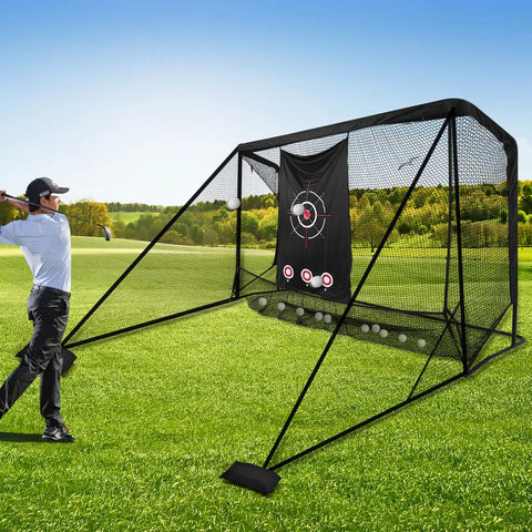 Golfer using 10x7 Ft Golf Hitting Net with stitched triangular side barriers and ball collection for backyard and indoor use