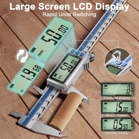 12 Inch Digital Caliper With Rechargeable Stainless Steel Body, Type C Charging, Auto On Off, Quick 50 Minute Charge For Months Of Everyday Use, Ideal For Woodworking, Metalworking, And DIY Projects, Precise Measurements Every Time. Digital caliper on wood surface with LCD display and inch/metric readouts.