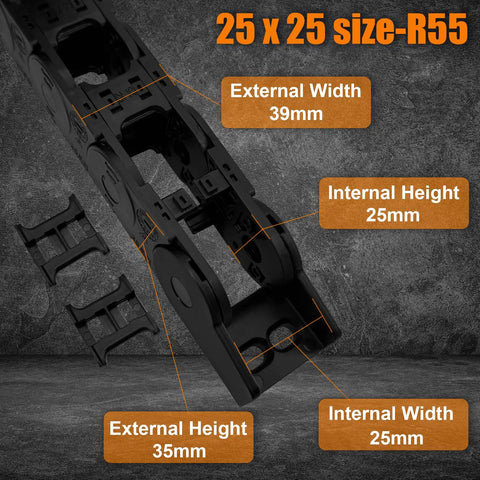 R55 Bridge Type Drag Chain Cable Carrier 25x25 mm size specifications, black PA66 nylon, for 3D printers and CNC setups.