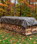 Heavy Duty Waterproof Tarp With Bionic Tree Camo Multi Purpose Poly Cover 8 Mil Thick 10 By 16 Feet covering stacked firewood