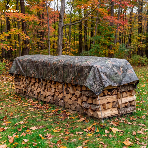 Heavy Duty Waterproof Tarp With Bionic Tree Camo Multi Purpose Poly Cover 8 Mil Thick 10 By 16 Feet covering stacked firewood