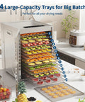 Built Tough Real Deal 14 Tray Stainless Steel Food Dehydrator Electric Dryer showing 14 trays of colorful fruits and snacks.