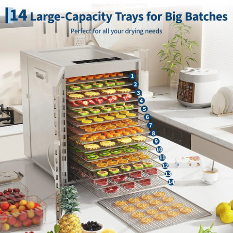 Built Tough Real Deal 14 Tray Stainless Steel Food Dehydrator Electric Dryer showing 14 trays of colorful fruits and snacks.