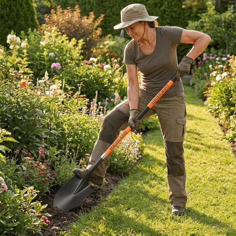 Person using Heavy Duty Spade Shovel For Digging 56 Inch Garden Shovel With Round Blade And D Handle Fiberglass Handle in garden