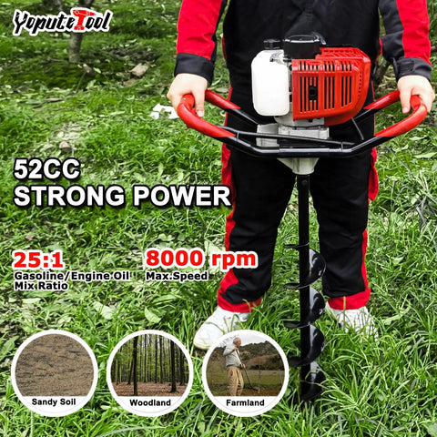 Person operating Beast Of A 52cc Gas Powered Post Hole Digger Earth Auger with 4/6/8 inch bits on grass