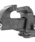 4 Inch Bench Vise With Cast Iron Body And Swivel Base Heavy Duty 36000 PSI Clamp 4 Inch Jaws Opening Up To Five And One Eighth Inches 130 Degree Swivel 2440 Lb Clamping Force Built In Anvil Three And Three Eighths By Three Inches Workhorse mounted on swivel base