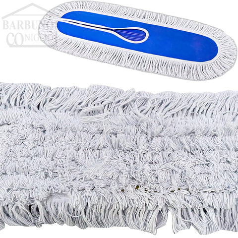 Heavy Duty Cotton Dust Mop Head Refill For Fast Floor Sweeping And Gym Maintenance Super Tight Short Fiber Pad with blue grip.