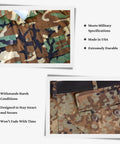 Rock Solid Military Spec Tactical Buttons For Army Fatigues And Law Enforcement Four Hole Melamine Fasteners Style 26 Black setup on camo uniform.