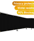 Balcony Privacy Screen Cover 3.5 Ft by 16.5 Ft, Outdoor Privacy Screen displaying water-resistant black fabric with grommets