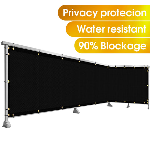 Balcony Privacy Screen Cover 3.5 Ft by 16.5 Ft, Outdoor Privacy Screen displaying water-resistant black fabric with grommets