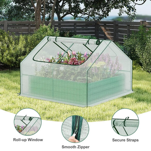 Four By Four By One Foot Galvanized Raised Garden Bed With Mini Greenhouse Kit And Dual Roll Up Zipper Doors For Veggies Flowers And Herbs White Durable All Weather Cover in backyard setup