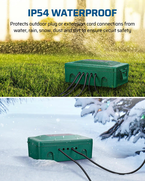 Outdoor Weatherproof Electrical Box With Waterproof Cord Protector For Extension Cords And Power Strips on grass and snow