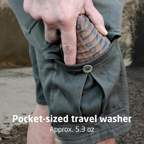 Compact Travel Laundry Washbag Featuring Patented Flex Washboard Design For Machine Grade Dirt Removal Without The Laundromat Hustle On Road Trips Camping Adventures Or Hotel Hops, shown in pocket.