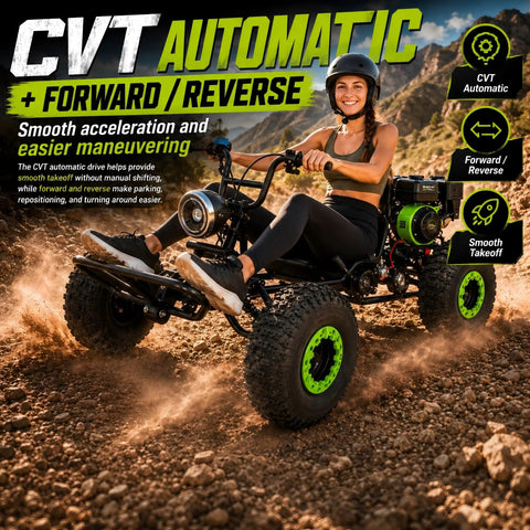 Teen driving Super Slick 212cc Gas Powered Off-Road Go Kart For Teens And Adults That Hits 35 MPH With A Mighty 7.5 HP Engine on dirt.